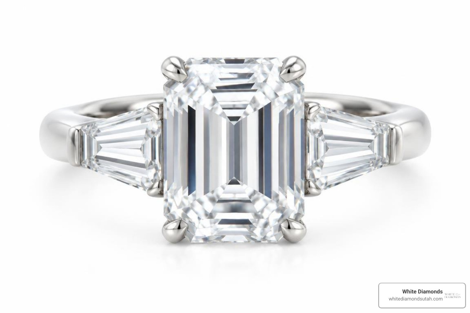 A 3 carat emerald cut diamond set in a custom three-stone ring with tapered baguettes