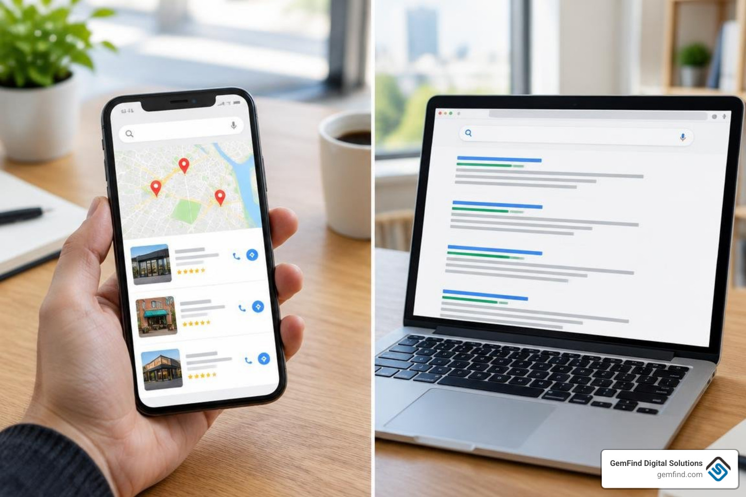 Google Maps local pack compared against organic search listings