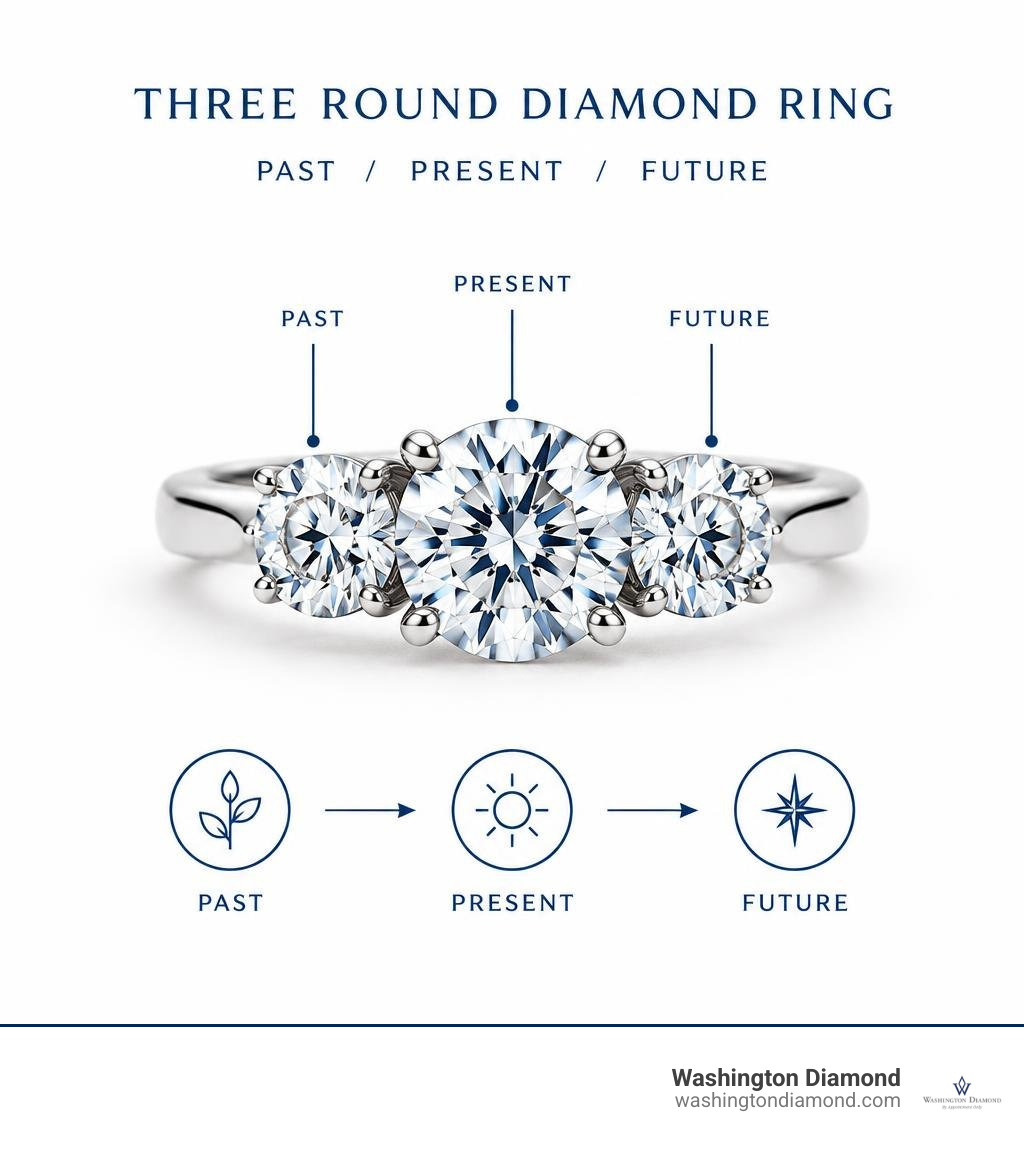 Three round diamond ring with center and side stones representing present, past, and future infographic