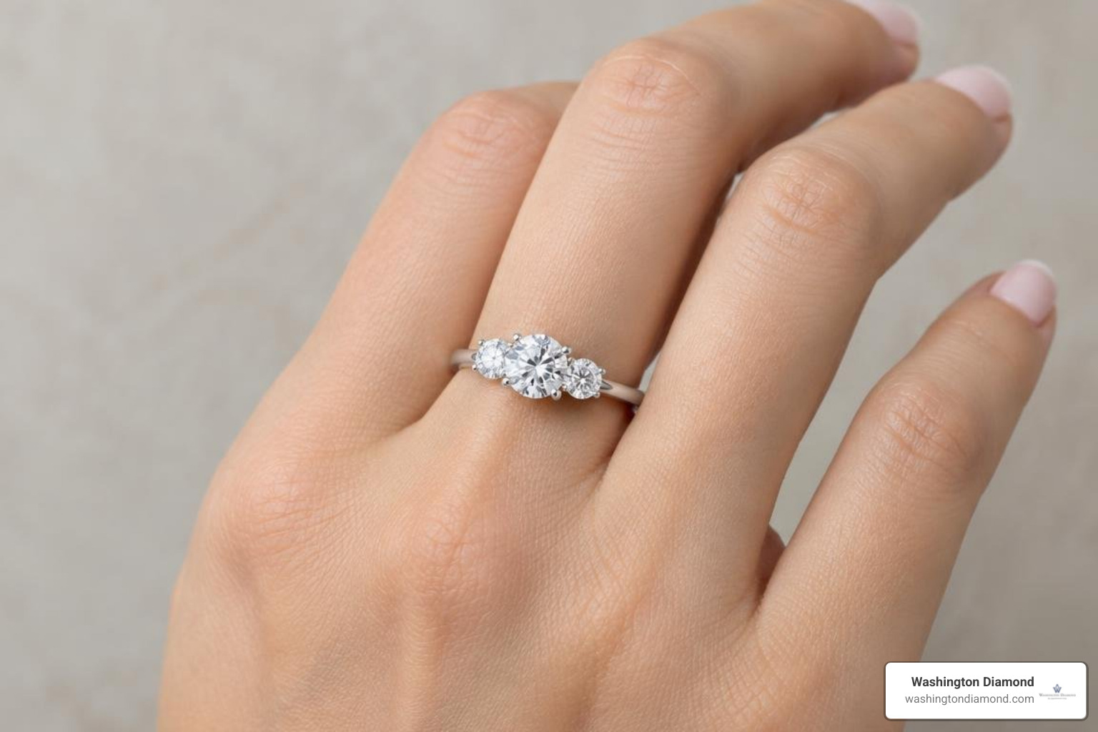 three round diamond engagement ring on hand