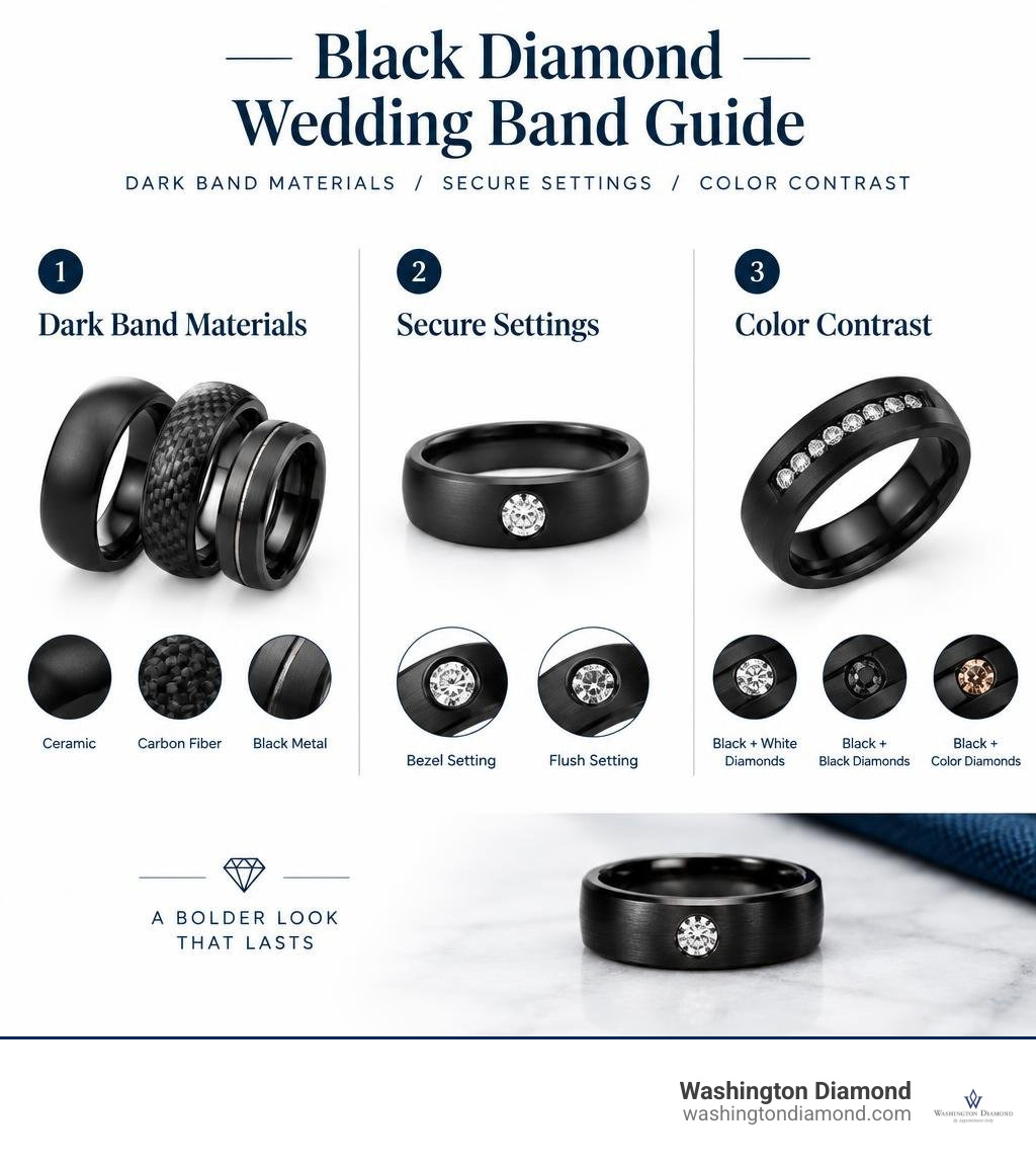 Black diamond wedding band guide showing dark band materials, secure settings, and color contrast infographic Black diamond wedding band guide showing dark band materials, secure settings, and color contrast infographic