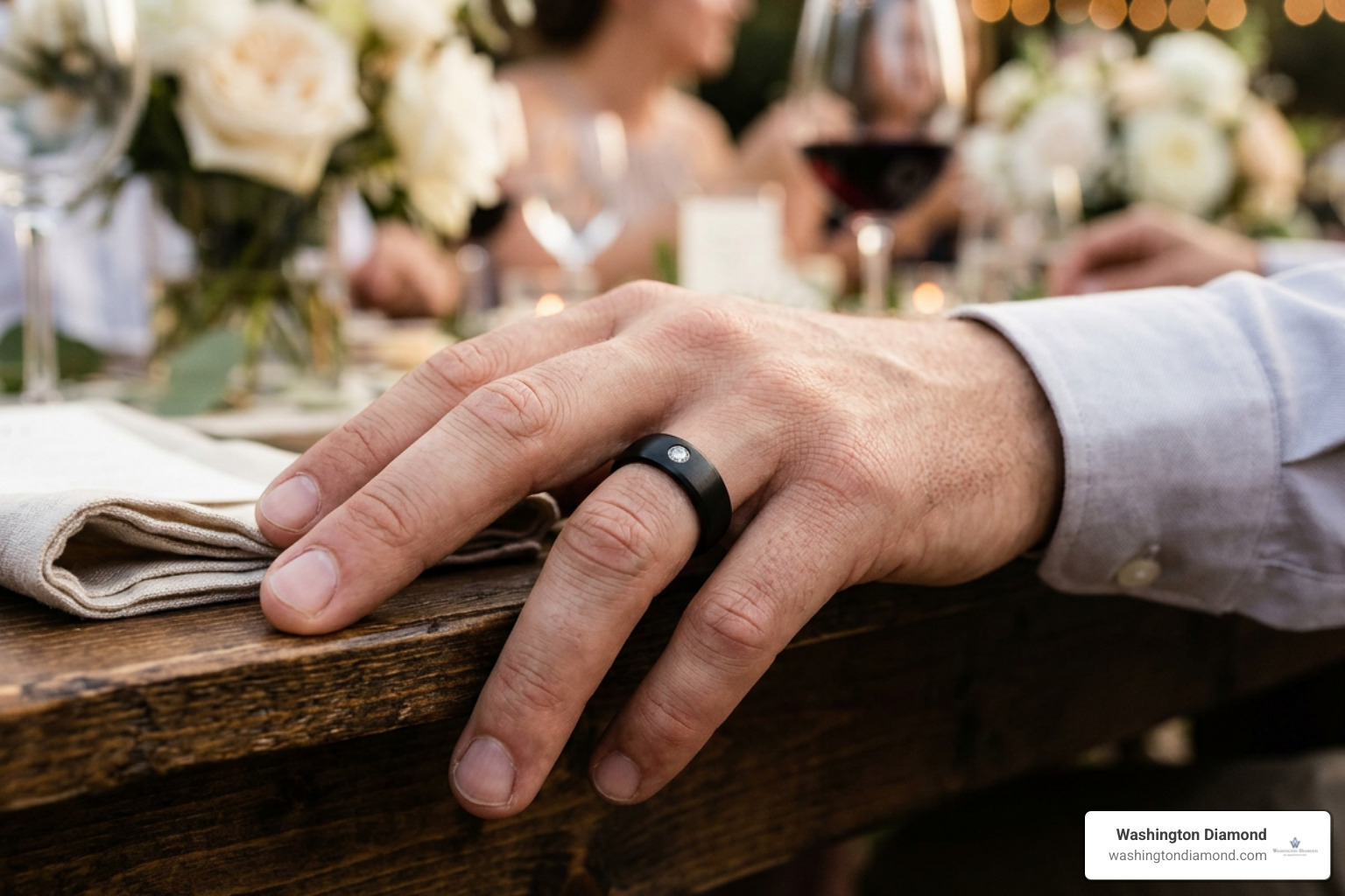modern groom wearing a black diamond wedding band modern groom wearing a black diamond wedding band