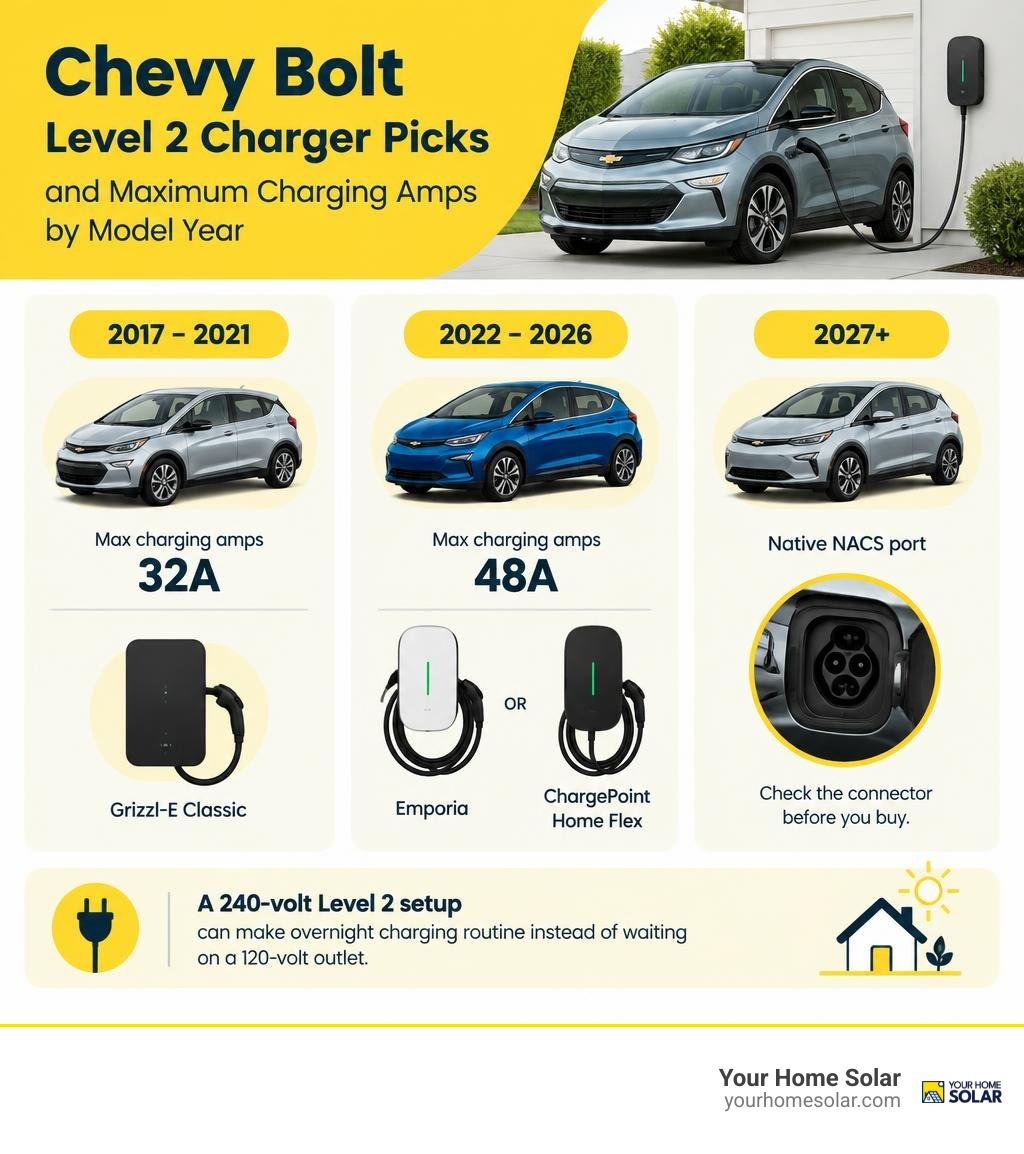 Chevy Bolt Level 2 charger picks and maximum charging amps by model year infographic Chevy Bolt Level 2 charger picks and maximum charging amps by model year infographic