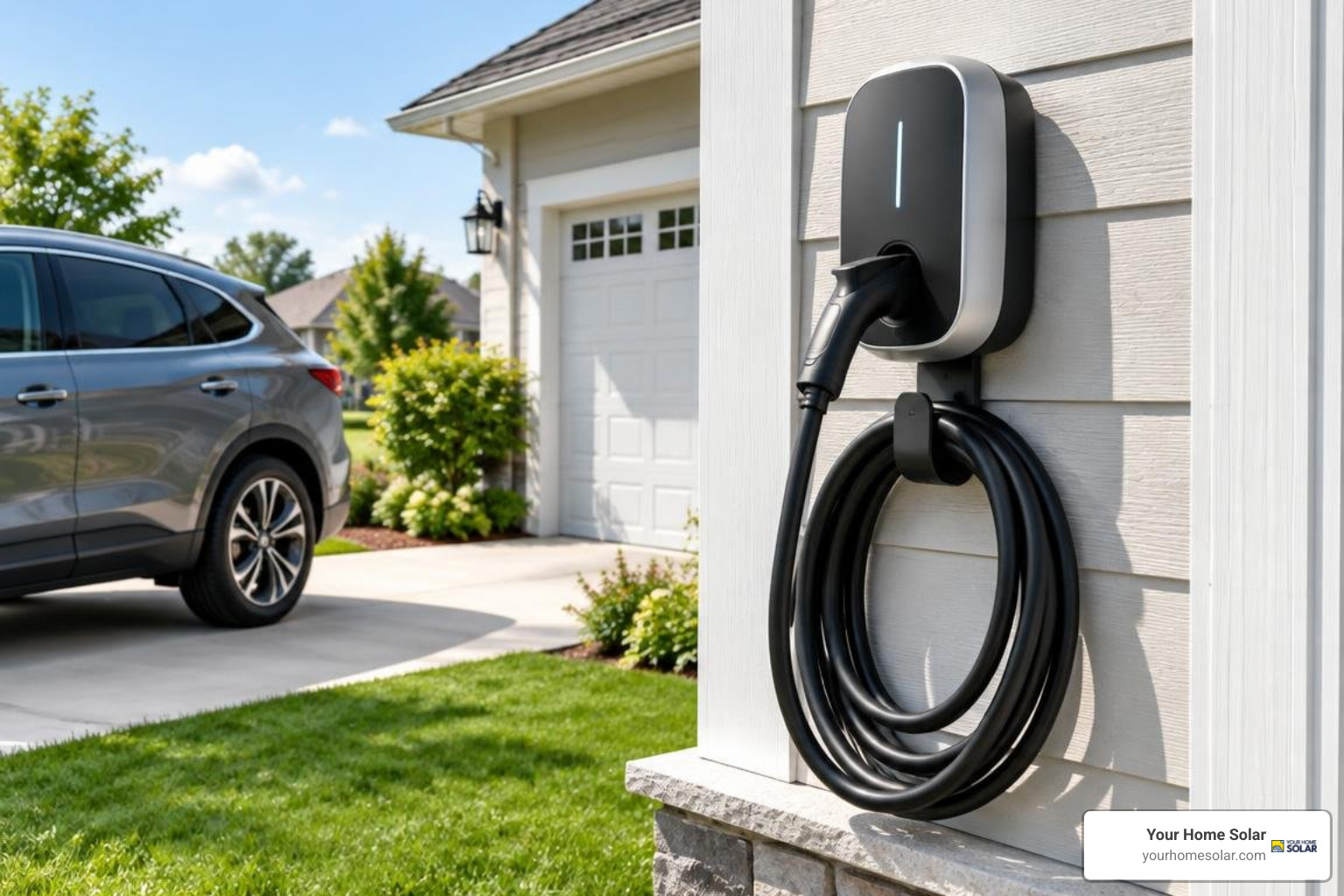 Wall-mounted Level 2 EV charging station with heavy-duty cable Wall-mounted Level 2 EV charging station with heavy-duty cable