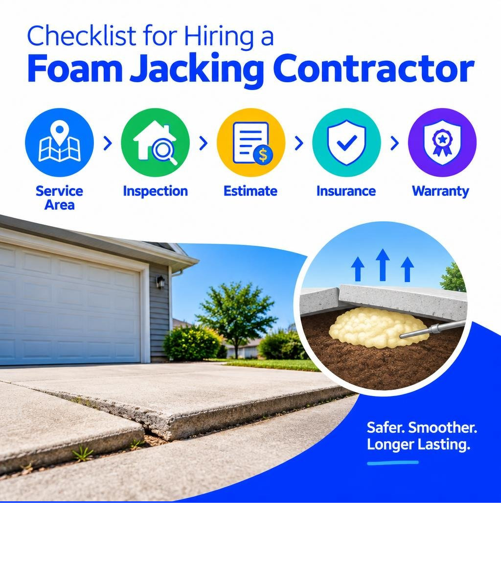Checklist for hiring a foam jacking contractor: service area, inspection, estimate, insurance, warranty infographic Checklist for hiring a foam jacking contractor: service area, inspection, estimate, insurance, warranty infographic