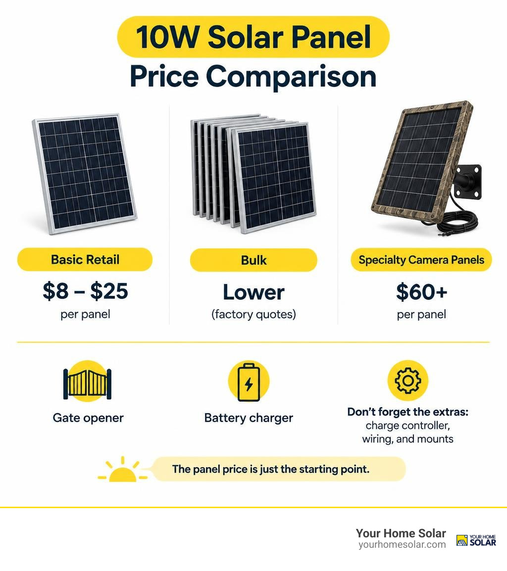 10W solar panel price comparison: basic retail, bulk, and specialty camera panels infographic 10W solar panel price comparison: basic retail, bulk, and specialty camera panels infographic