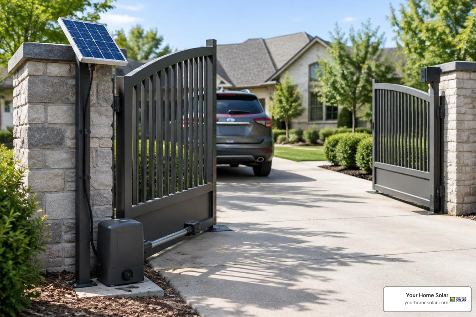 Automated driveway gate system connected to a dedicated 10W solar panel Automated driveway gate system connected to a dedicated 10W solar panel