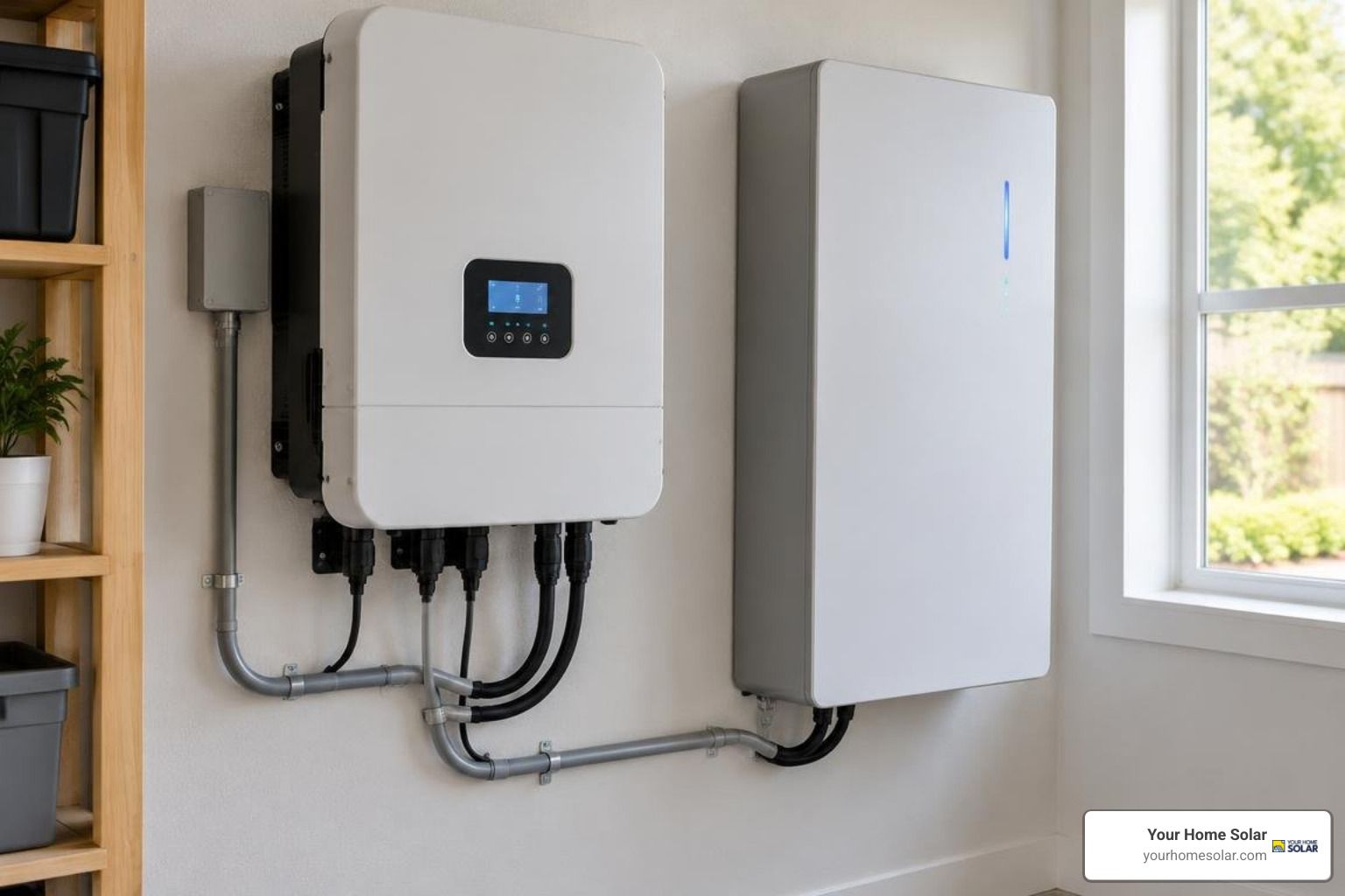 Integrated hybrid inverter charger mounted alongside a wall-hung lithium battery bank Integrated hybrid inverter charger mounted alongside a wall-hung lithium battery bank