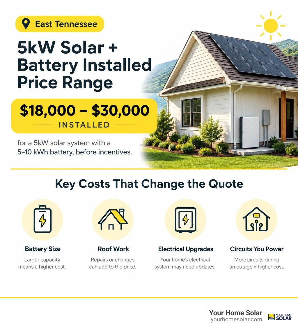 East Tennessee 5kW solar and battery installed price range with key costs that change the quote infographic East Tennessee 5kW solar and battery installed price range with key costs that change the quote infographic