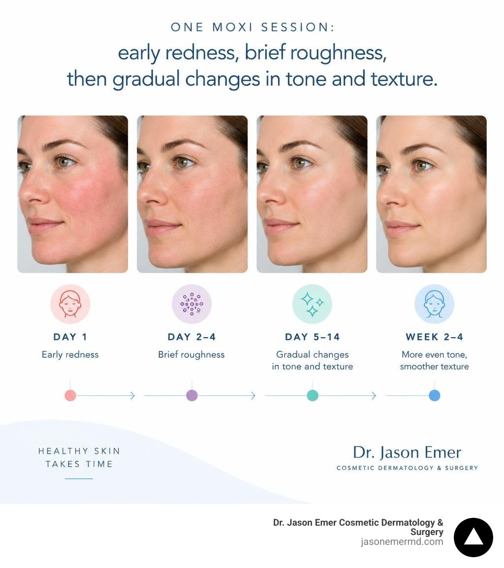 One Moxi session: early redness, brief roughness, then gradual changes in tone and texture infographic