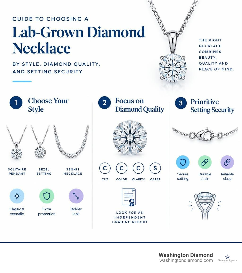 Guide to choosing a lab-grown diamond necklace by style, diamond quality, and setting security infographic Guide to choosing a lab-grown diamond necklace by style, diamond quality, and setting security infographic