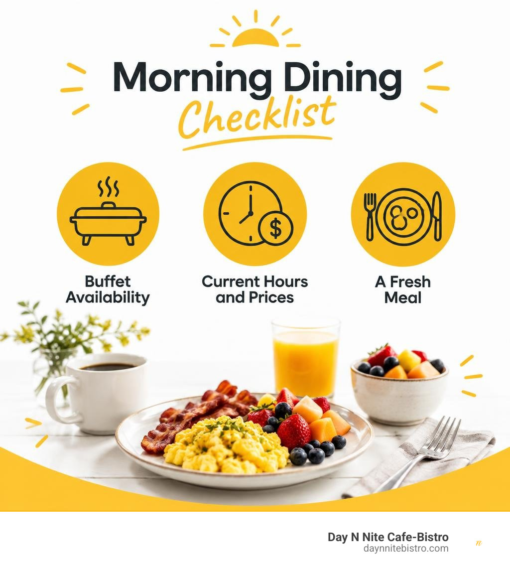 Morning dining checklist: buffet availability, current hours and prices, or a fresh meal infographic