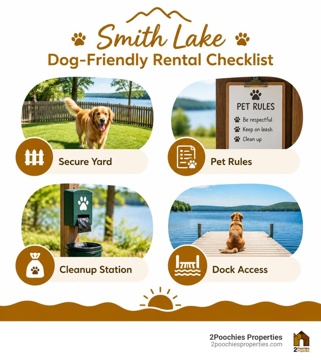 Smith Lake dog-friendly rental checklist: secure yard, pet rules, cleanup station, dock access infographic