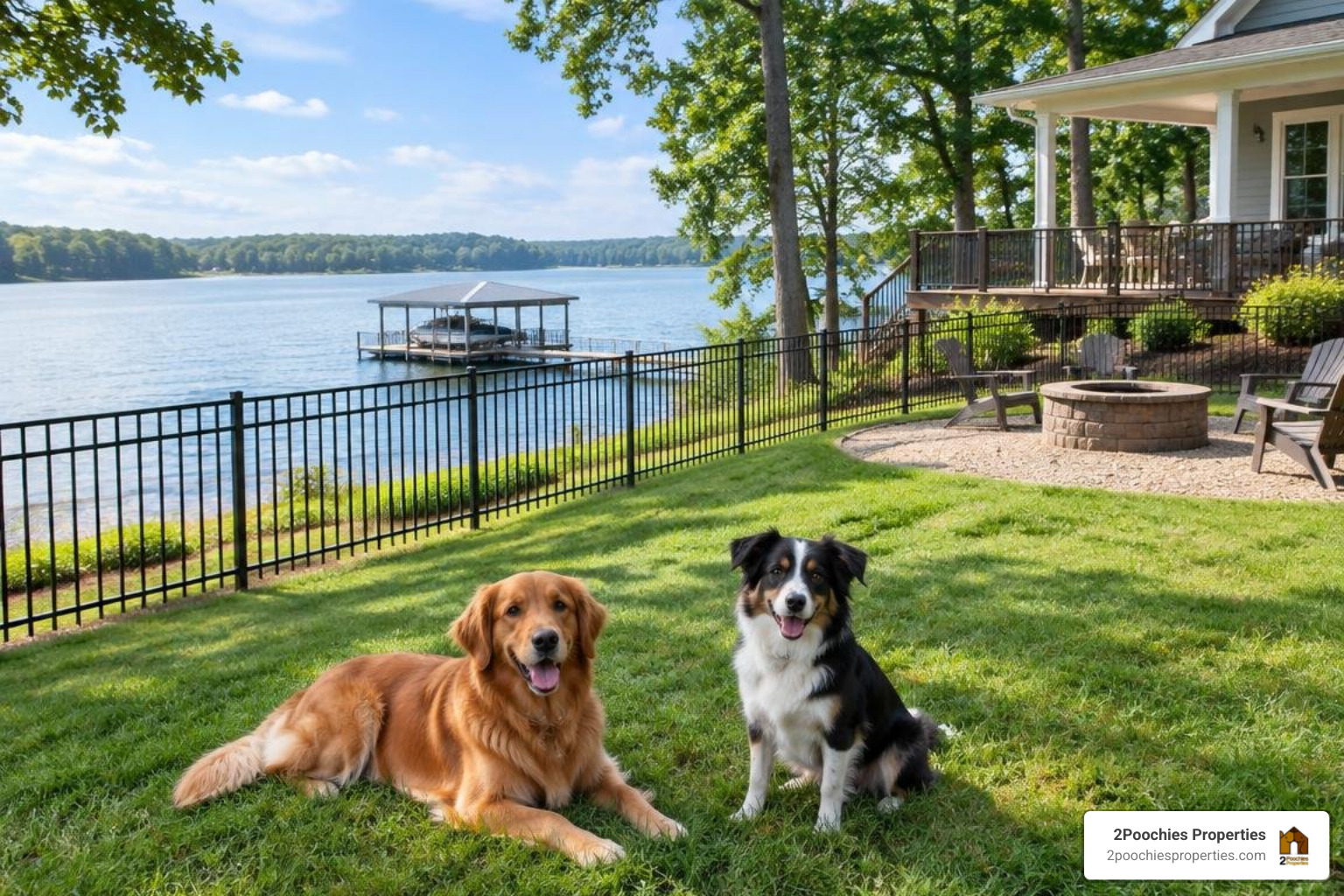 Fenced backyard at a pet-friendly Smith Lake lakefront home with 2Poochies Properties logo