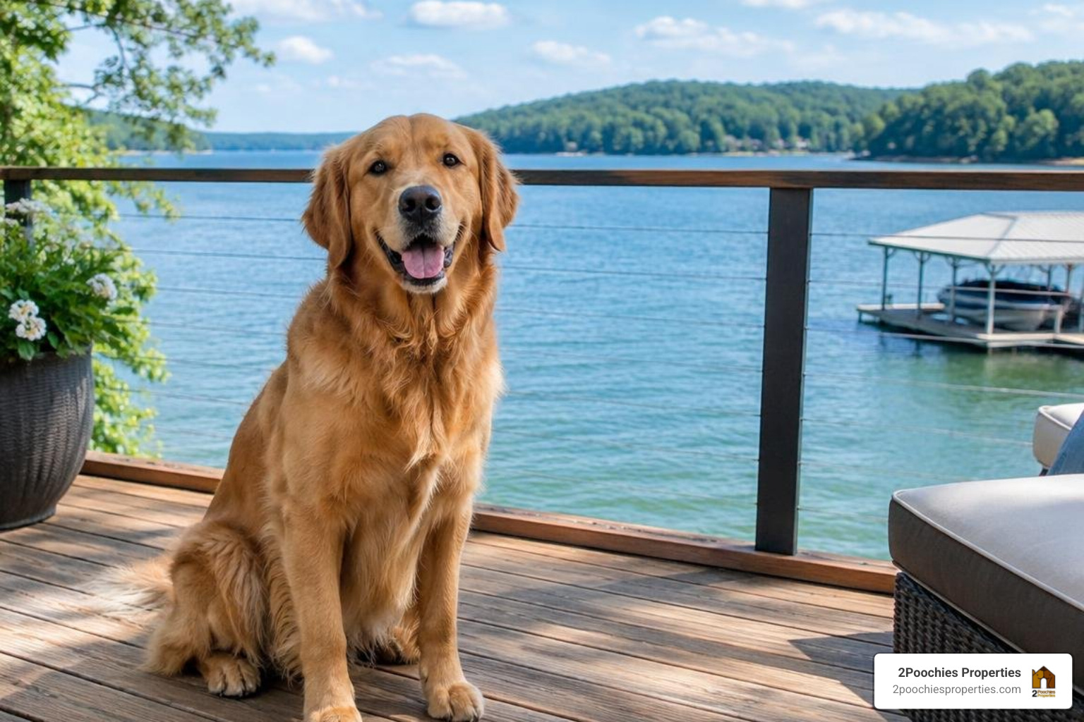 Photorealistic dog on a Smith Lake deck with the 2Poochies Properties logo