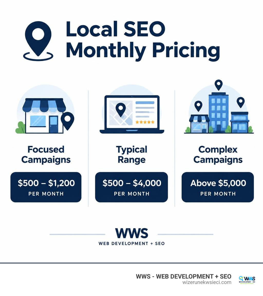 Local SEO monthly pricing: focused campaigns $500 to $1,200; typical range $500 to $4,000; complex campaigns above $5,000 Local SEO monthly pricing: focused campaigns $500 to $1,200; typical range $500 to $4,000; complex campaigns above $5,000