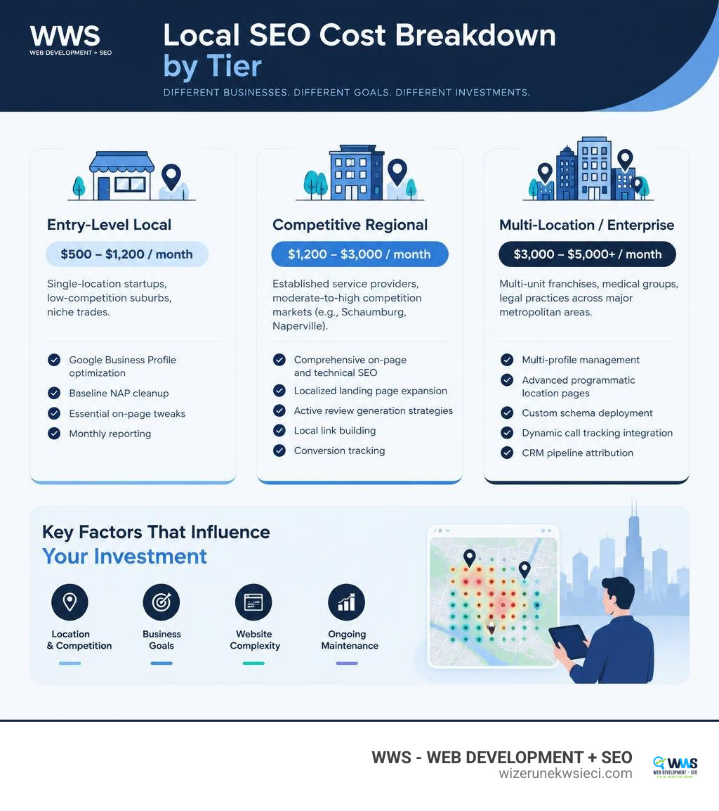 Local SEO cost breakdown by tier infographic Local SEO cost breakdown by tier infographic