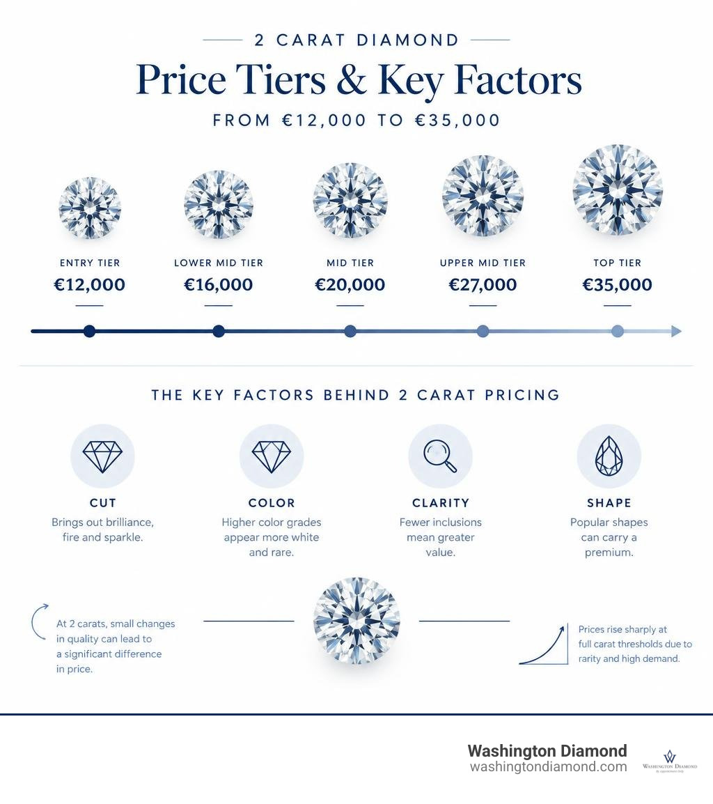 2 carat diamond price tiers from €12,000 to €35,000 and the key factors behind them infographic