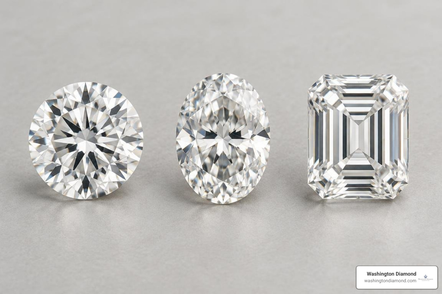 comparison of 2 carat round brilliant, oval, and emerald cut diamonds