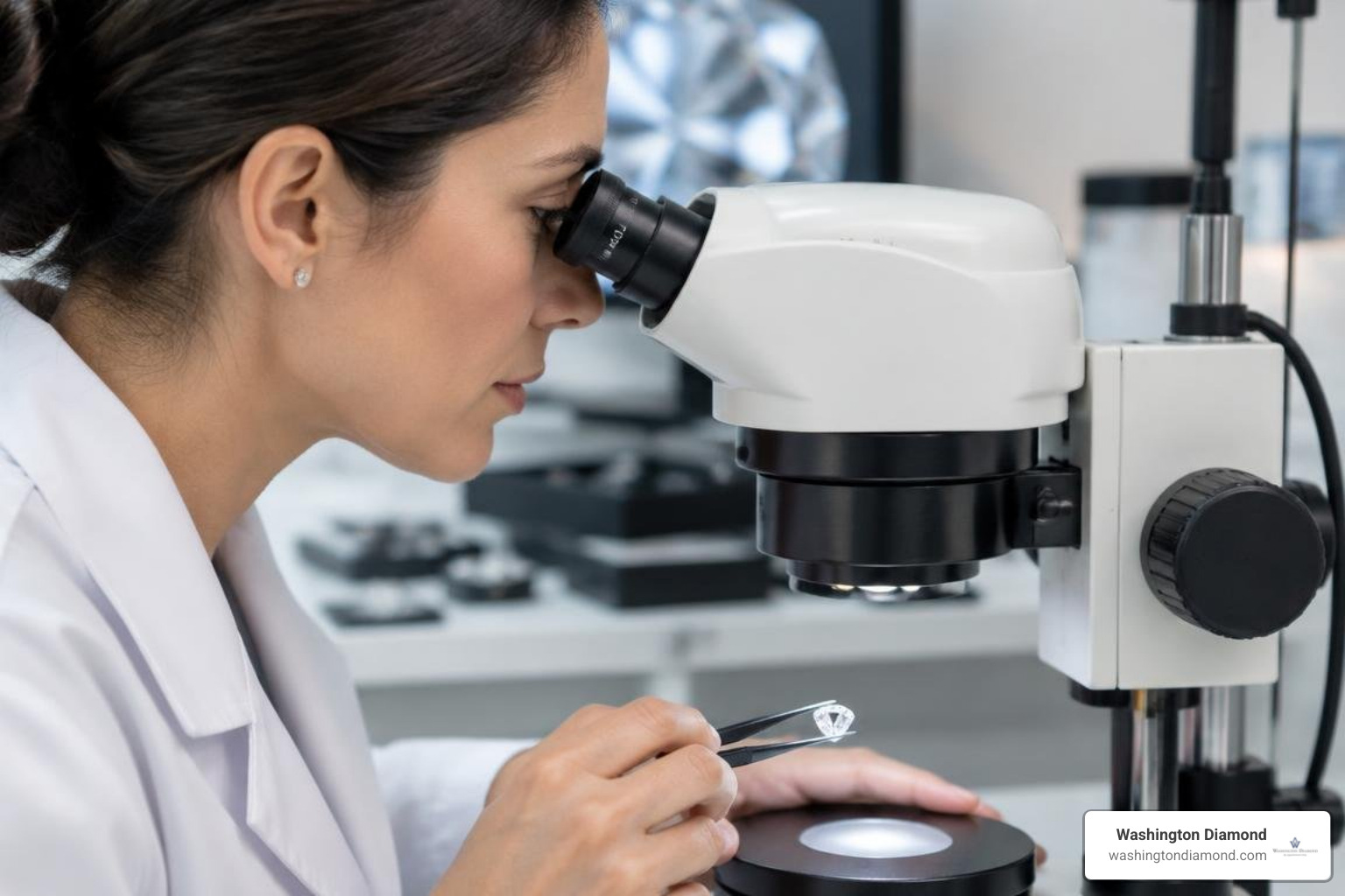 gemologist inspecting diamond under microscope magnification