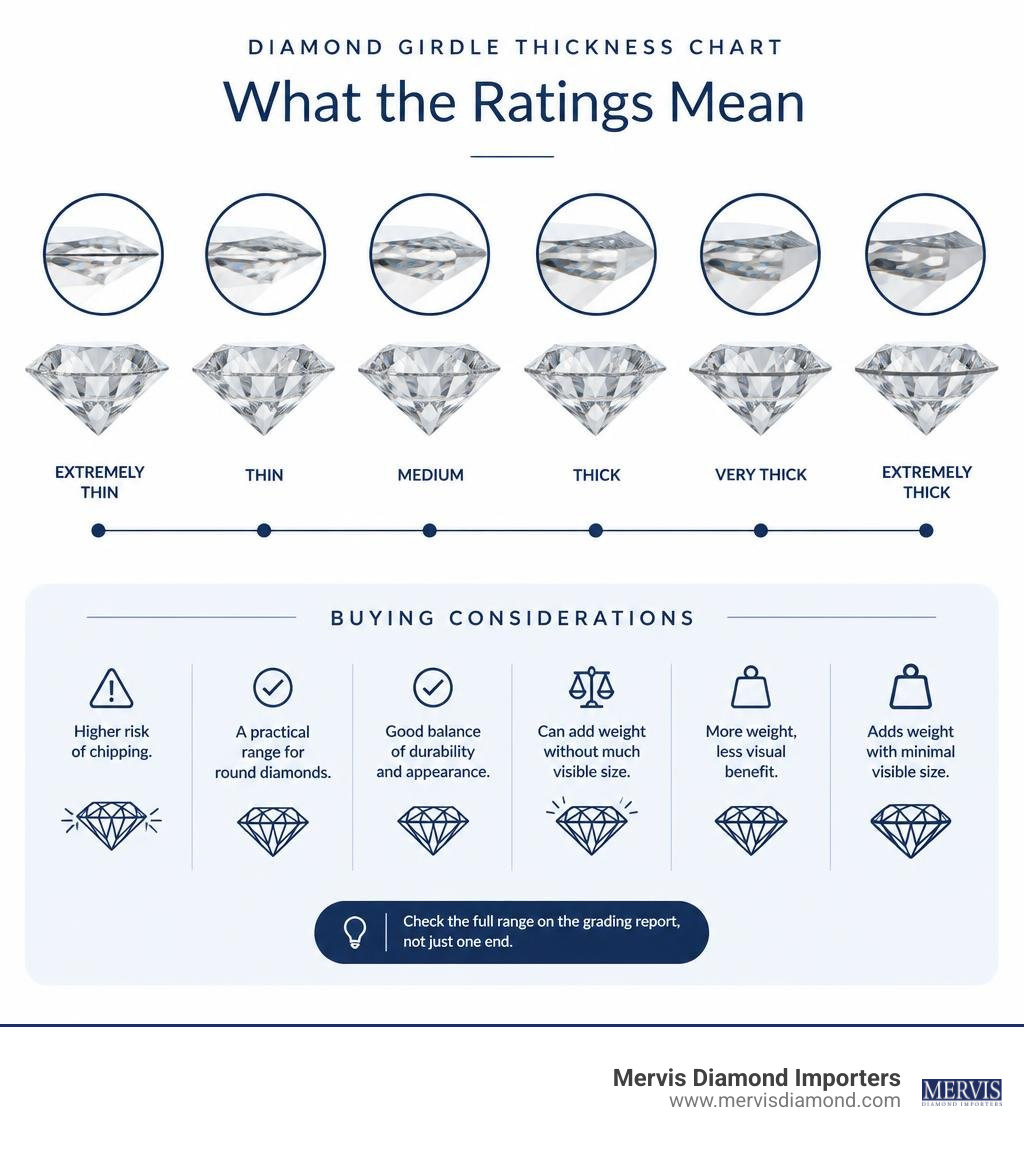 diamond girdle thickness scale from Extremely Thin to Extremely Thick, with buying considerations infographic