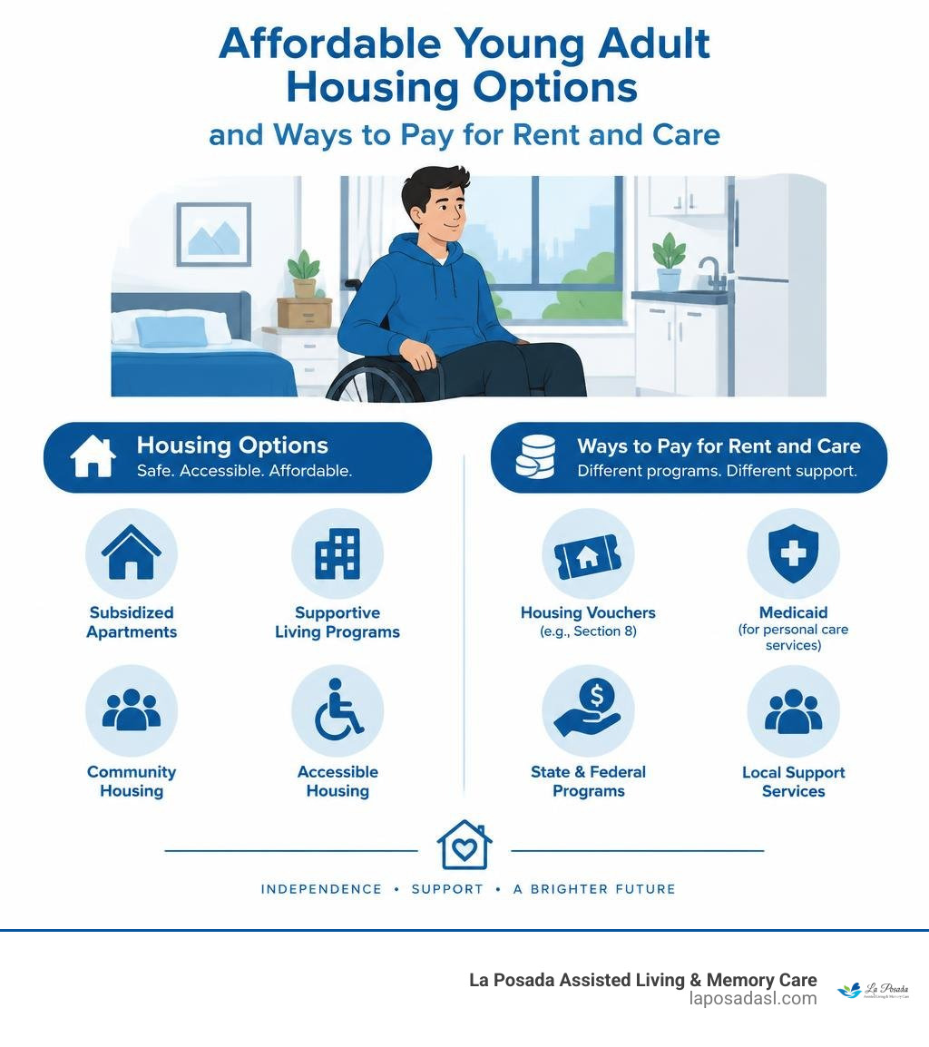 Affordable young adult housing options and ways to pay for rent and care infographic Affordable young adult housing options and ways to pay for rent and care infographic