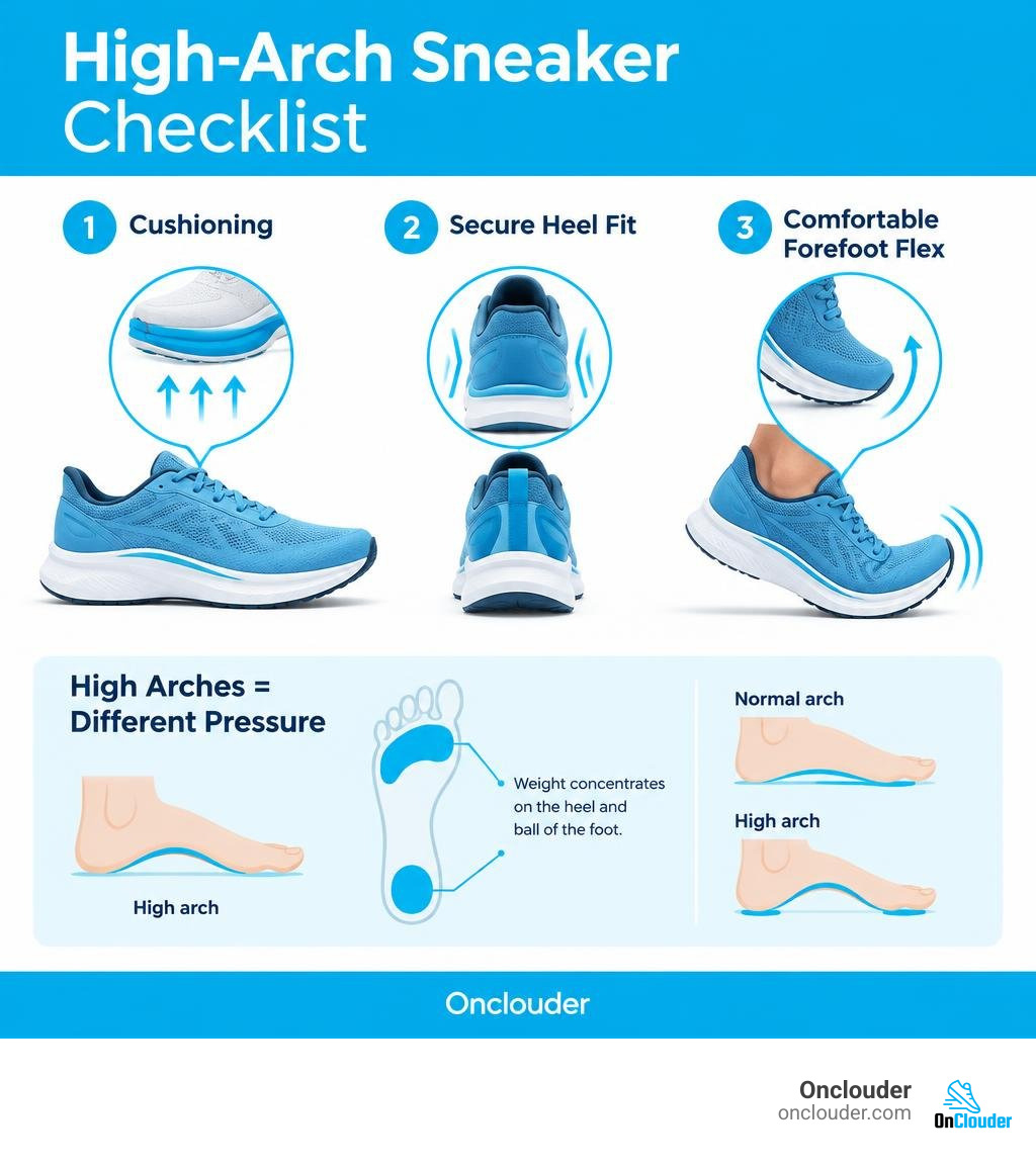 High-arch sneaker checklist showing cushioning, secure heel fit, and comfortable forefoot flex infographic