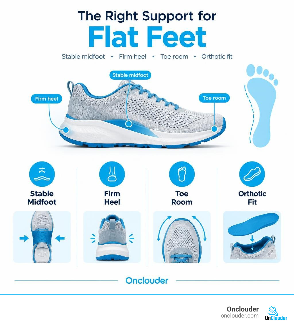 Comparison of stable midfoot, firm heel, toe room, and orthotic fit in shoes for flat feet infographic Comparison of stable midfoot, firm heel, toe room, and orthotic fit in shoes for flat feet infographic