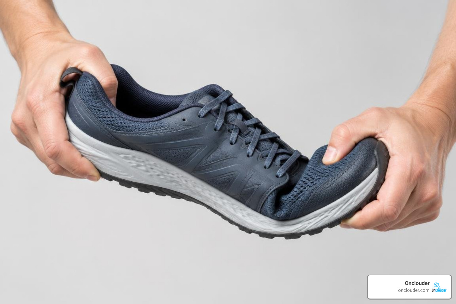 demonstrating the twist test on a supportive walking shoe demonstrating the twist test on a supportive walking shoe