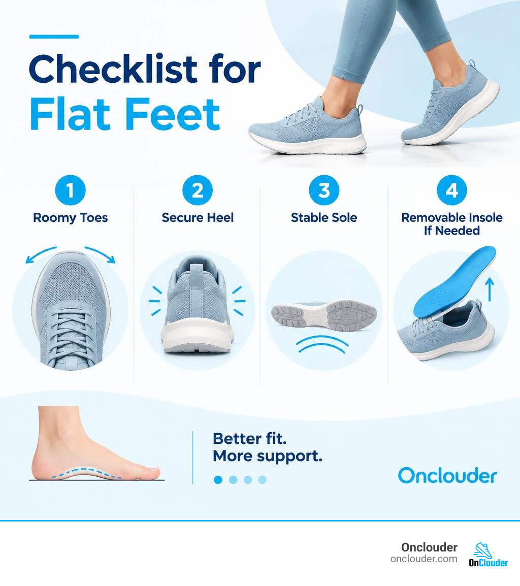 Checklist for flat feet: roomy toes, secure heel, stable sole, and removable insole if needed infographic Checklist for flat feet: roomy toes, secure heel, stable sole, and removable insole if needed infographic