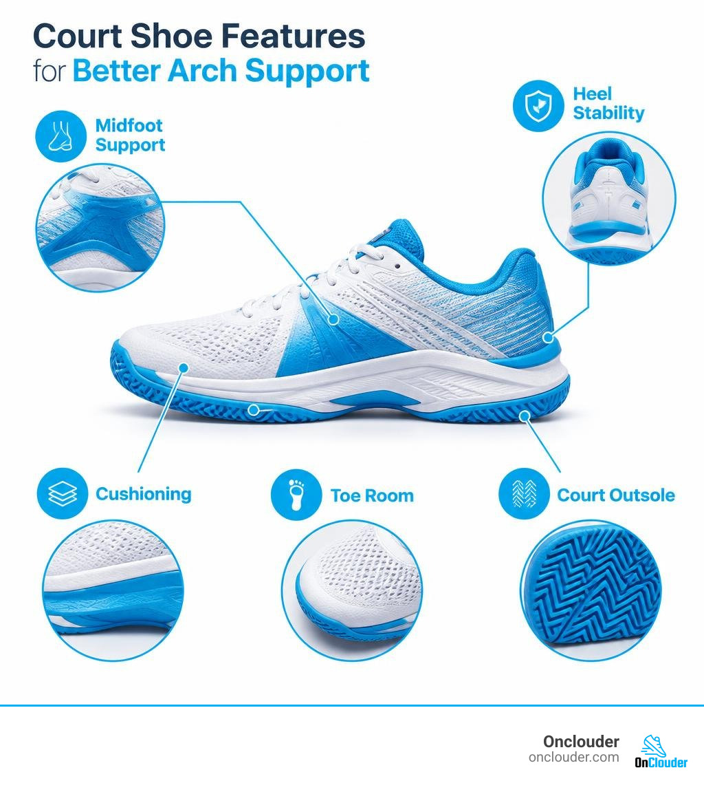 court shoe features: midfoot support, heel stability, cushioning, toe room, and court outsole infographic court shoe features: midfoot support, heel stability, cushioning, toe room, and court outsole infographic