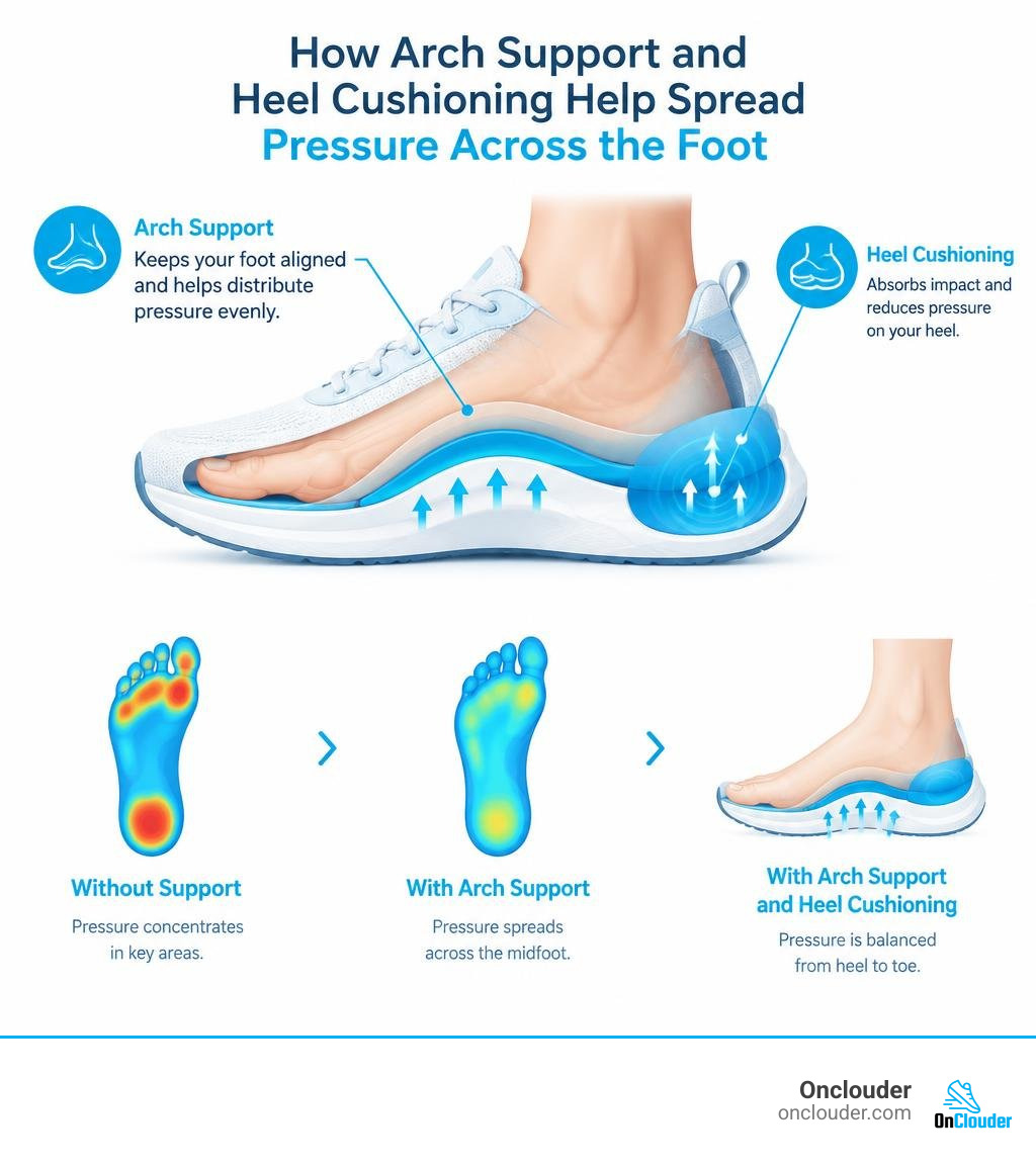How arch support and heel cushioning help spread pressure across the foot infographic How arch support and heel cushioning help spread pressure across the foot infographic