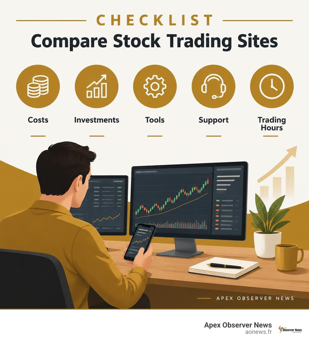 Checklist for comparing stock trading sites: costs, investments, tools, support, and trading hours infographic