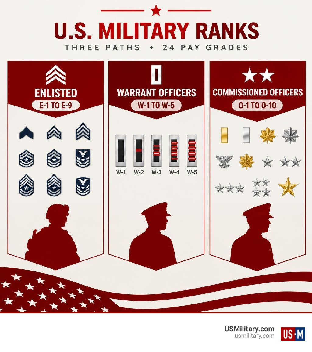 Three US military rank tiers: enlisted E-1 to E-9, warrant officers W-1 to W-5, and officers O-1 to O-10 infographic