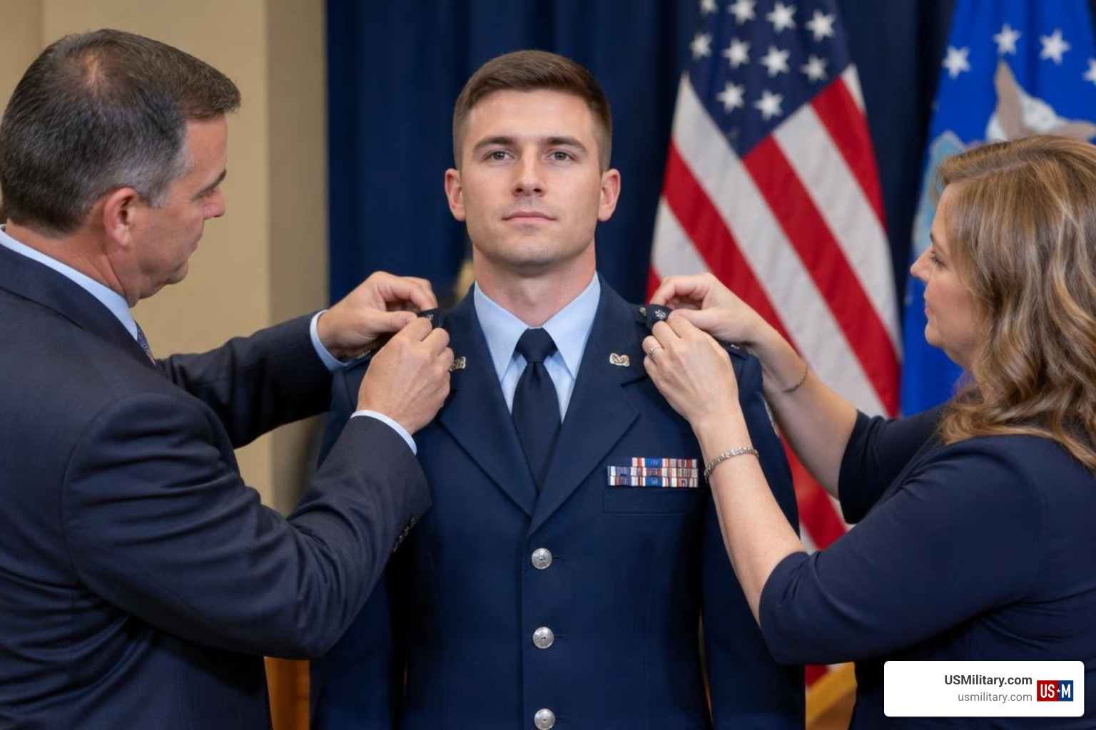 Military promotion ceremony with family pinning new rank insignia