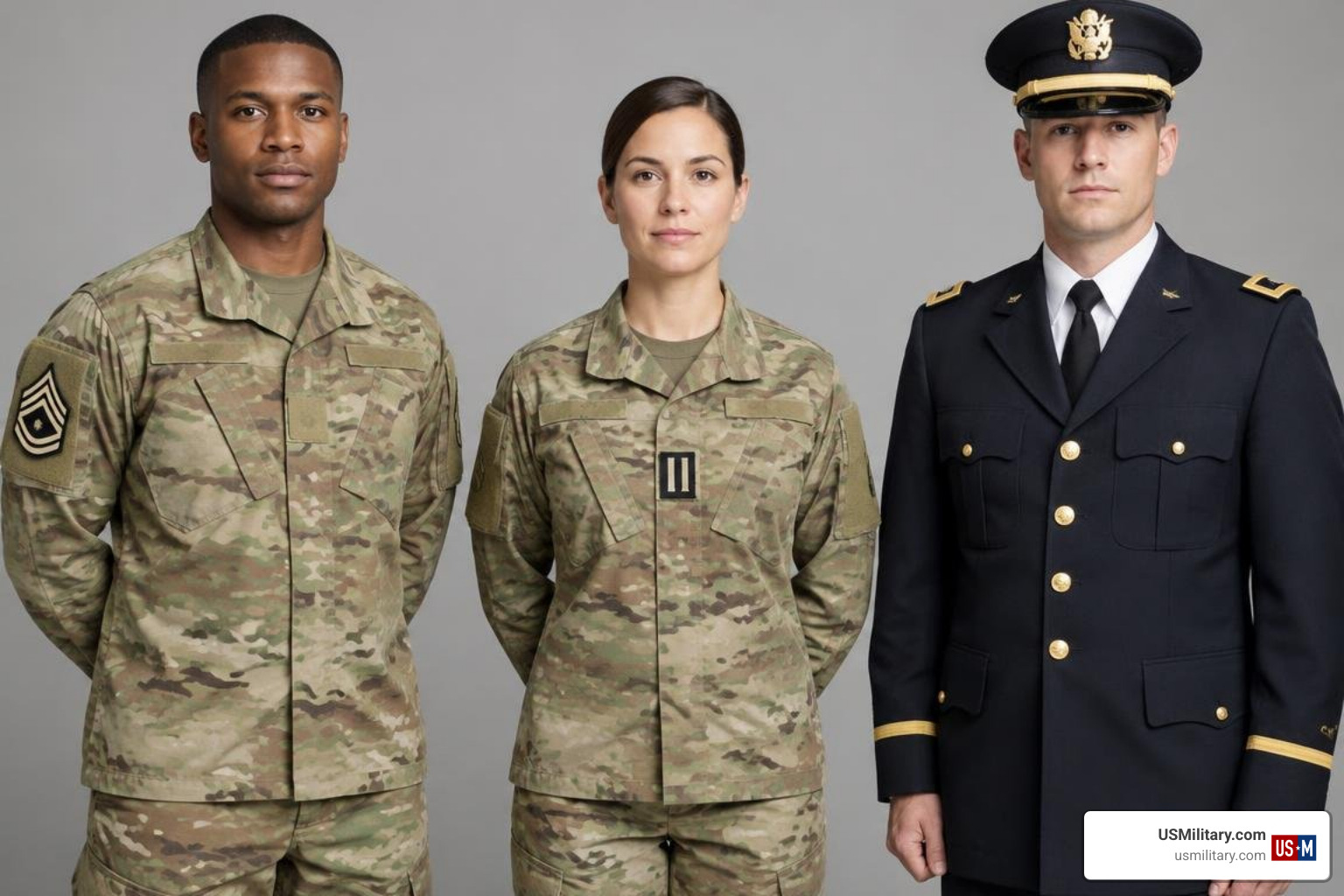 Insignia representing enlisted, warrant officer, and commissioned officer tiers