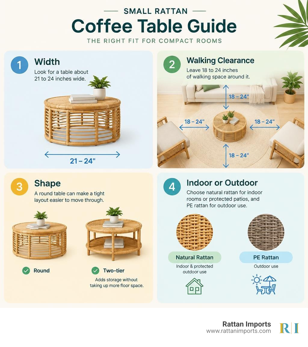 Small rattan coffee table guide showing width, walking clearance, shape, and indoor or outdoor materials infographic Small rattan coffee table guide showing width, walking clearance, shape, and indoor or outdoor materials infographic