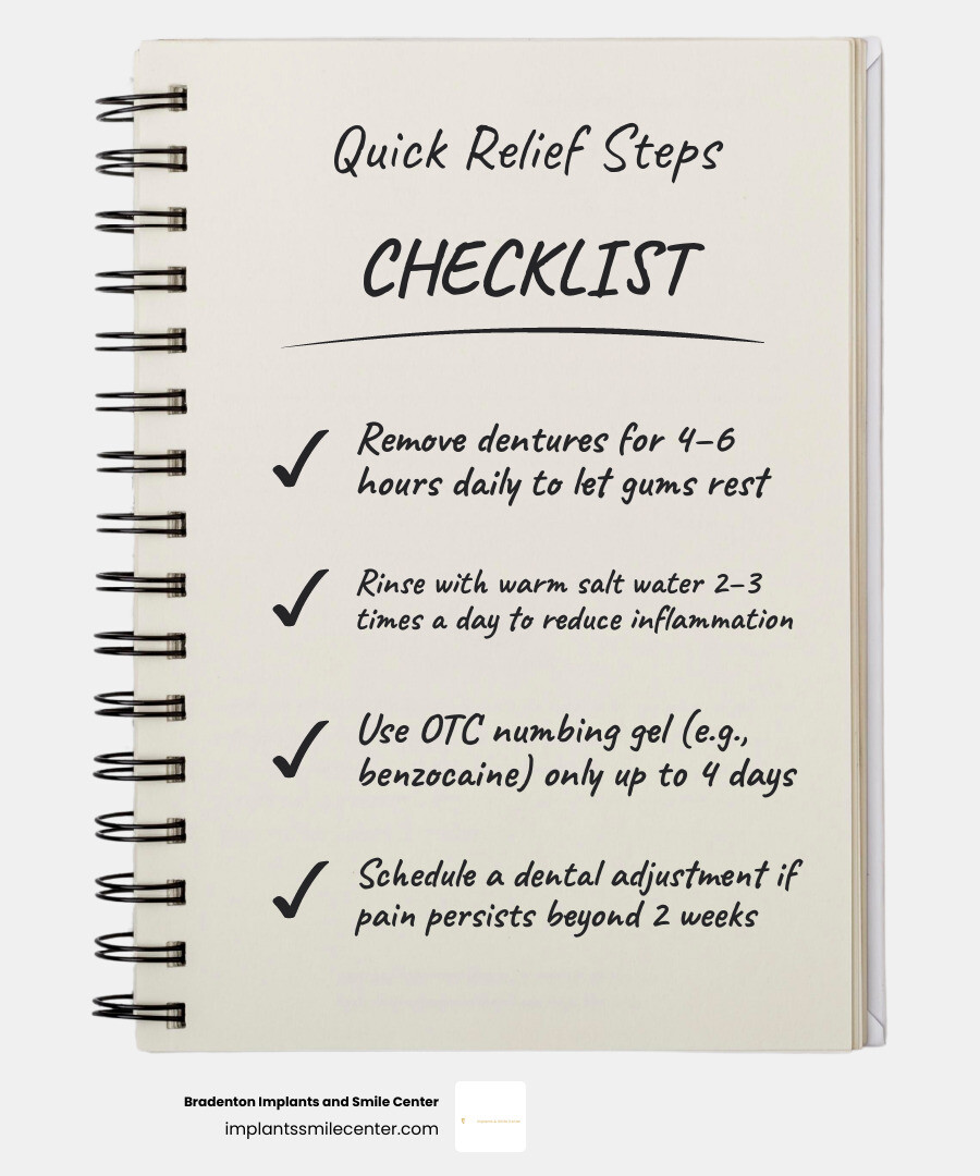 Denture pain relief options: rest gums, rinse, eat soft foods, check denture fit infographic