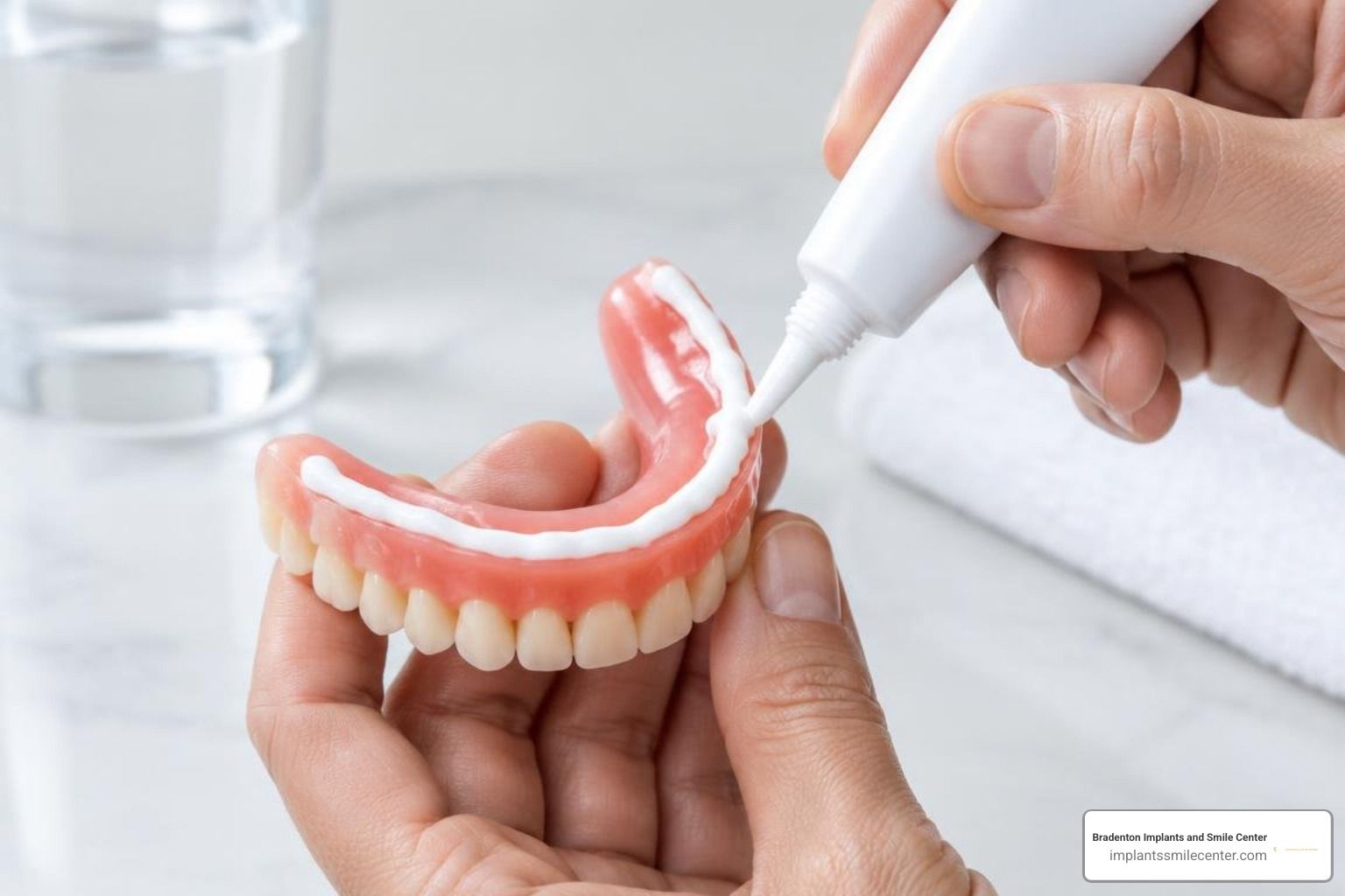 Denture adhesive cream being applied along the ridge of a dental plate
