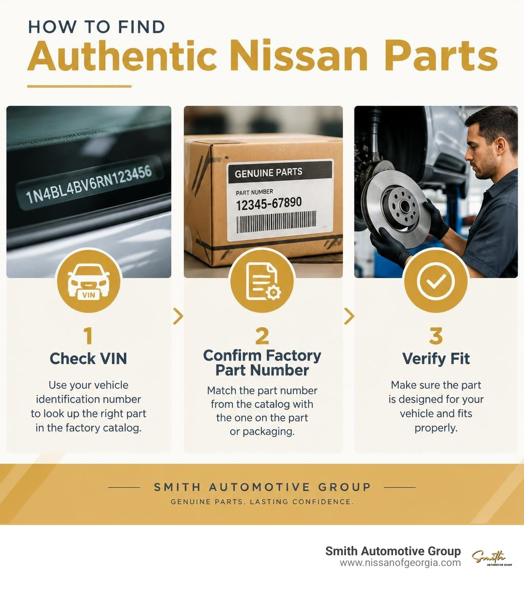 How to find authentic Nissan parts: check VIN, confirm factory part number, verify fit infographic How to find authentic Nissan parts: check VIN, confirm factory part number, verify fit infographic