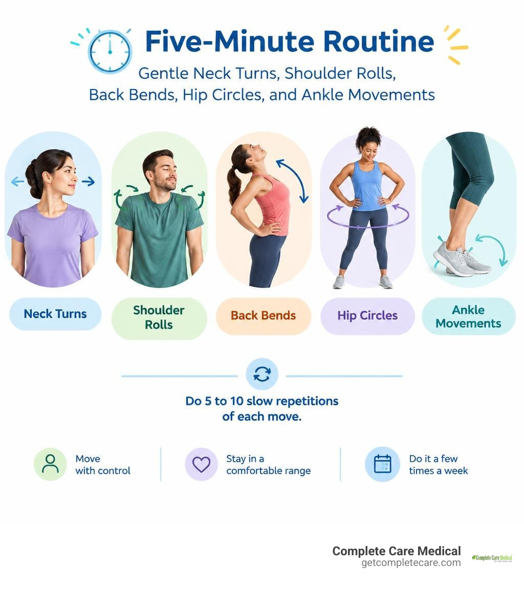 Five-minute routine: gentle neck turns, shoulder rolls, back bends, hip circles, and ankle movements infographic