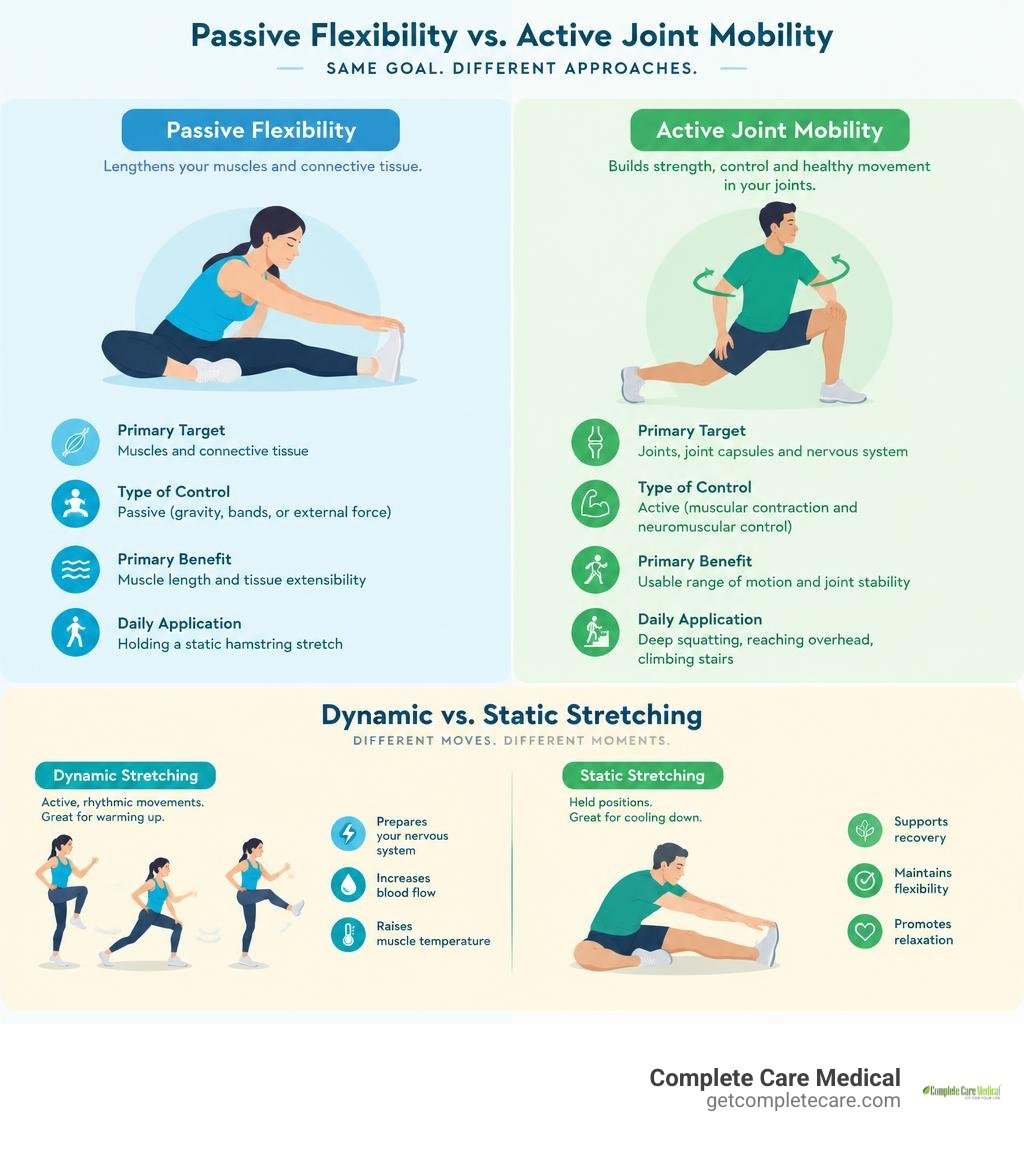 Differences between passive flexibility and active joint mobility infographic