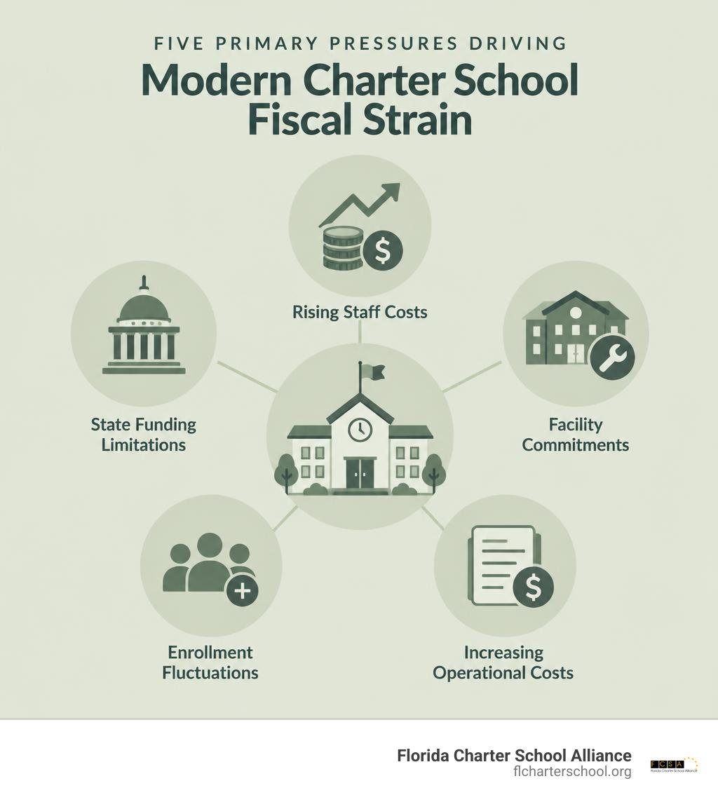 five primary pressures driving modern charter school fiscal strain infographic