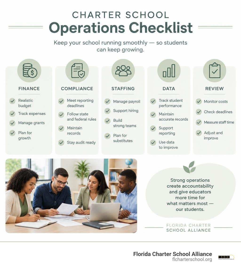 Charter school operations checklist covering finance, compliance, staffing, data, and review infographic