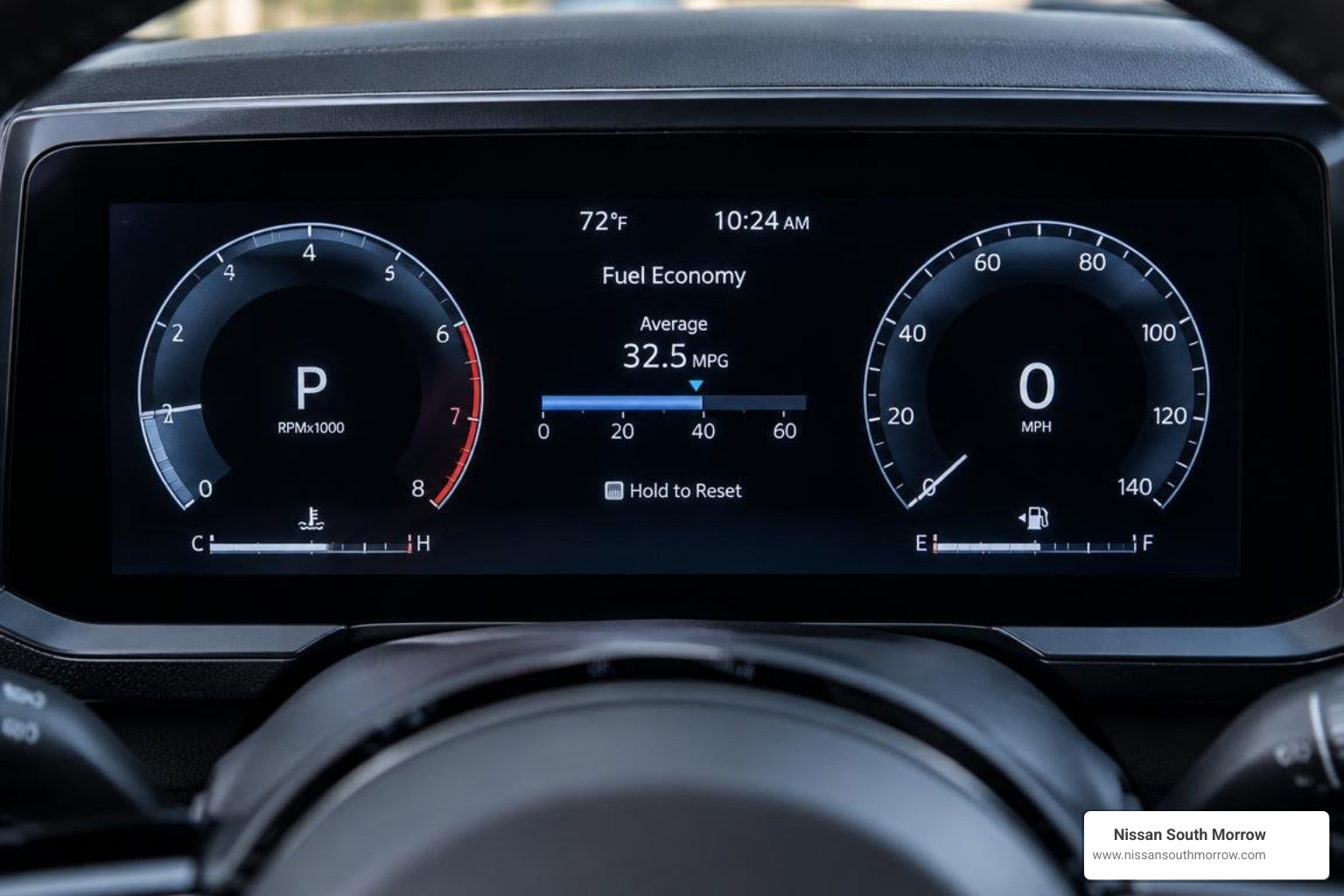 2026 Nissan Kicks SR digital instrument cluster showing fuel economy