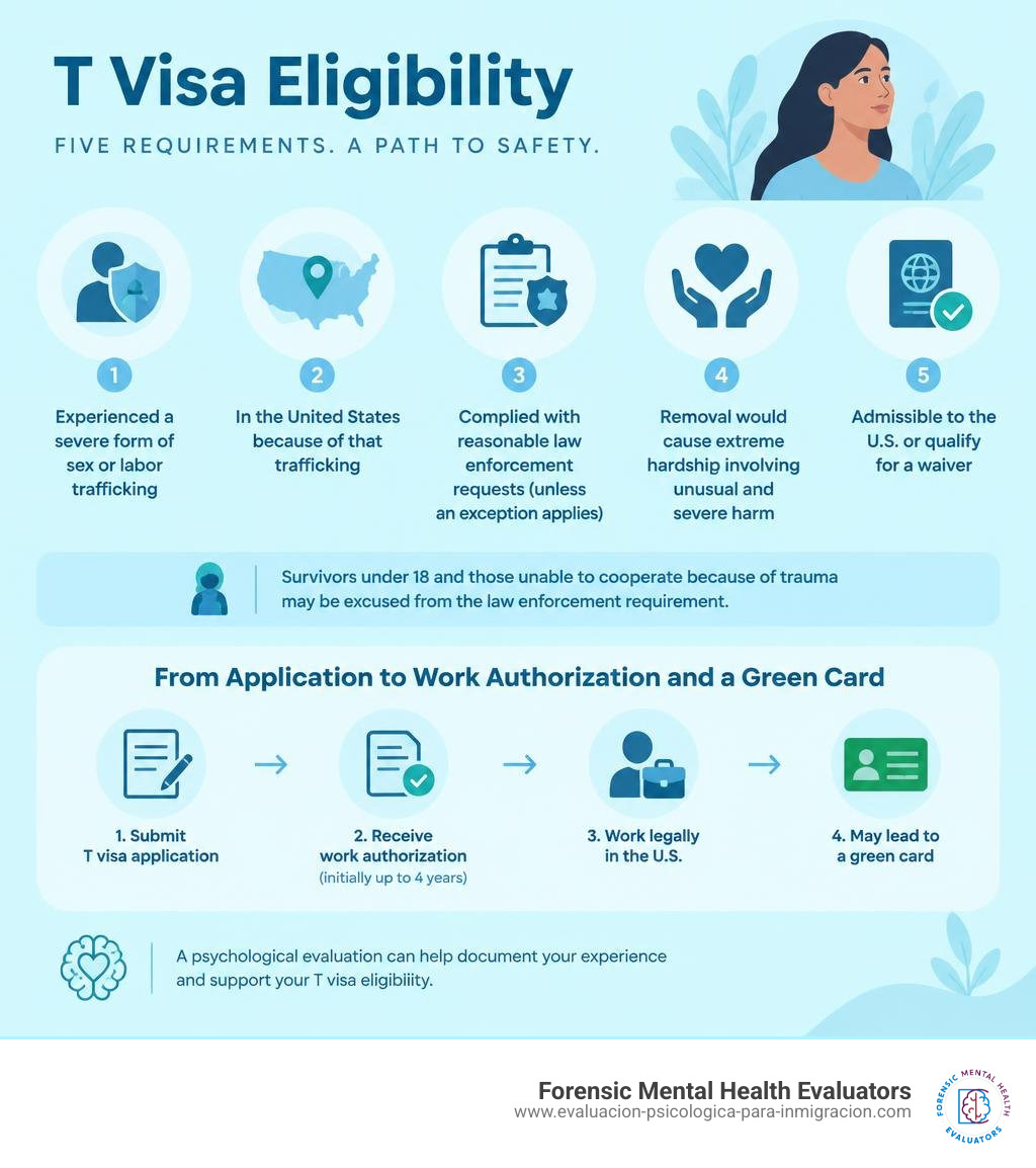 Five T visa eligibility requirements and the path from application to work authorization and a green card infographic Five T visa eligibility requirements and the path from application to work authorization and a green card infographic