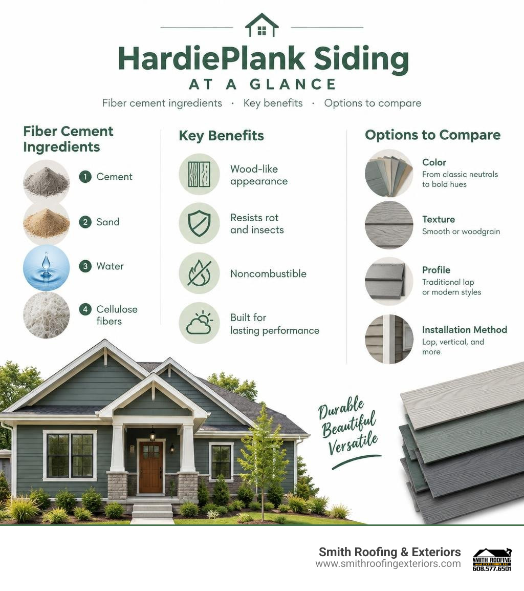 HardiePlank siding at a glance: fiber cement ingredients, key benefits, and options to compare infographic HardiePlank siding at a glance: fiber cement ingredients, key benefits, and options to compare infographic