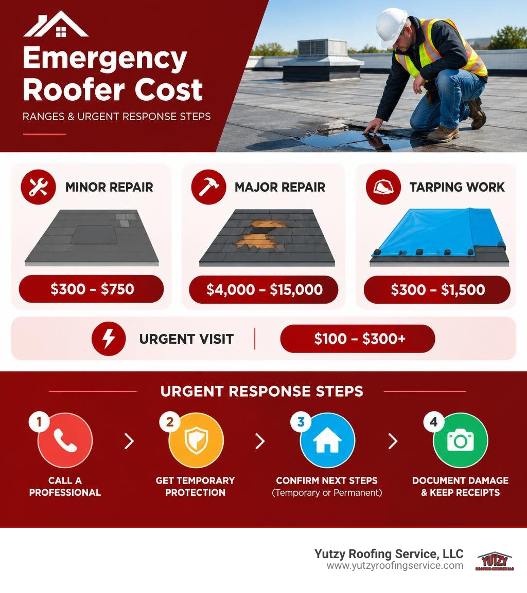 Emergency roof cost ranges for minor, major, and tarping work, plus urgent response steps infographic Emergency roof cost ranges for minor, major, and tarping work, plus urgent response steps infographic