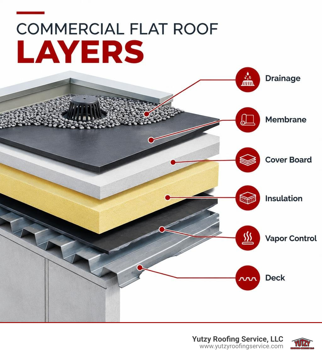 Commercial flat roof layers: deck, vapor control, insulation, cover board, membrane, and drainage infographic Commercial flat roof layers: deck, vapor control, insulation, cover board, membrane, and drainage infographic