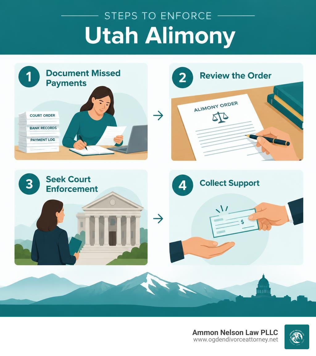Steps to enforce Utah alimony: document missed payments, review the order, seek court enforcement, collect support Steps to enforce Utah alimony: document missed payments, review the order, seek court enforcement, collect support